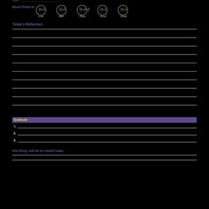 May include: A black digital planner page titled Social Justice Action Log with a purple header. It includes a date line, a mood check-in section with five circular icons, a lined area for reflection, a gratitude list, and a self-care prompt.