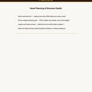 May include: A printable writing worksheet titled Thriller Ticking Clock Planner for suspense and thriller authors. The document includes a Novel Planning and Structure Toolkit with a novel overview form, a 30-row chapter planning grid, and a logline prompt.