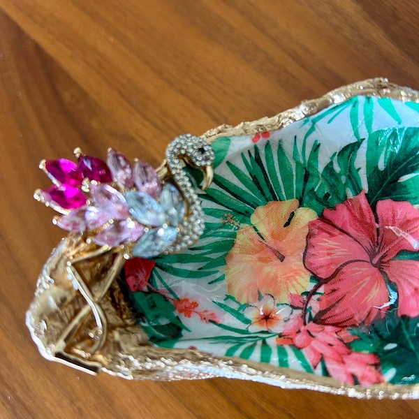 Hibiscus Decoupage flamingo Flamingo Hand Painted Oyster Shell Trinket Dish, Louie Design