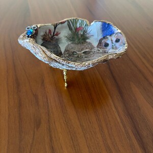 May include: A decorative oyster shell dish featuring hand-painted illustrations of three owls with greenery on their heads. The shell has a gold-painted rim and is supported by a small gold metal stand. A small blue crystal owl charm is attached to the edge.