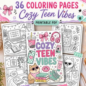 Könnte beinhalten: Eine Sammlung von 36 ausdruckbaren Malvorlagen mit dem Titel Cozy Teen Vibes, die Strichzeichnungen eines Laptops, eines Schreibtischs, eines Schlafzimmers, eines Hundes mit Sonnenbrille, Turnschuhen, eines Getränks, Kopfhörern und Büchern zeigen.