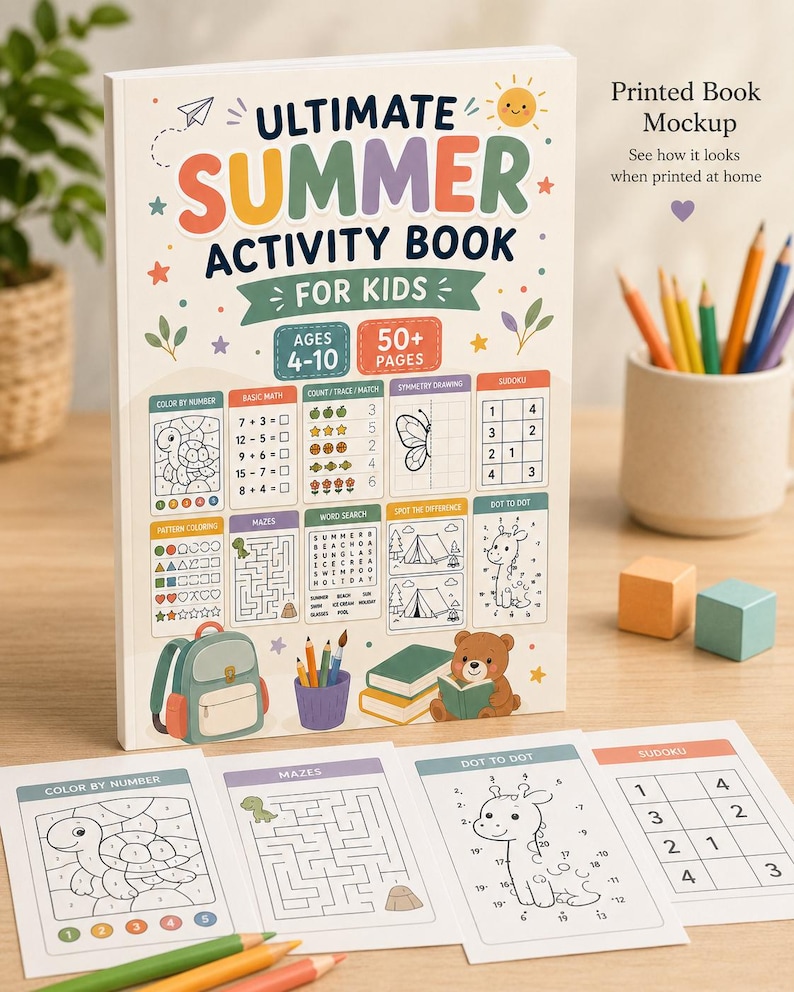 Peut inclure: Un livre d'activit&eacute;s &agrave; couverture souple intitul&eacute; Ultimate Summer Activity Book For Kids Ages 4-10 avec plus de 50 pages. La couverture pr&eacute;sente des illustrations color&eacute;es d'une tortue, d'un papillon, d'une girafe et d'un ours avec des jeux.