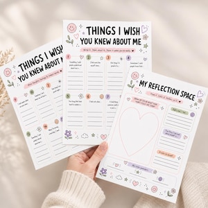 Può includere: Tre fogli di carta bianca con testo nero e illustrazioni color pastello. I fogli sono intitolati Things I Wish You Knew About Me e My Reflection Space, contenenti suggerimenti numerati, sezioni di scrittura a righe e un grande cuore.