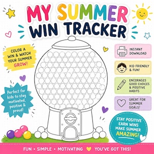 May include: A printable My Summer Win Tracker activity sheet featuring a large gumball machine outline with many circles to colour. The design includes text like Colour a win & watch your summer grow, icons of a sun, stars, and hearts, and colourful gumballs.