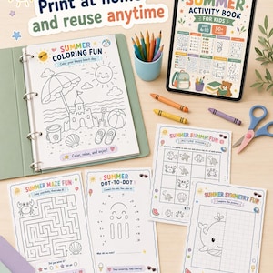 Peut inclure: Un livre d'activit&eacute;s estivales num&eacute;rique pour enfants affich&eacute; sur une tablette et des pages imprim&eacute;es comprenant des coloriages, des labyrinthes, des points &agrave; relier, des sudokus d'images et des dessins de sym&eacute;trie, avec des crayons et ciseaux.