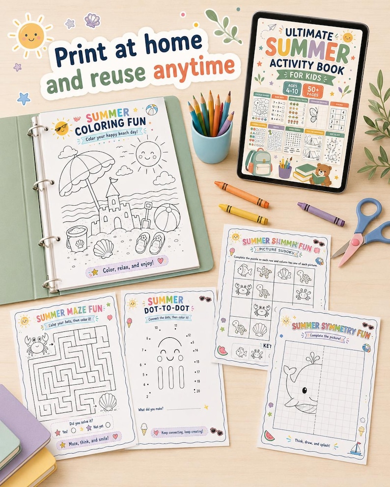 Peut inclure: Un livre d'activit&eacute;s estivales num&eacute;rique pour enfants affich&eacute; sur une tablette et des pages imprim&eacute;es comprenant des coloriages, des labyrinthes, des points &agrave; relier, des sudokus d'images et des dessins de sym&eacute;trie, avec des crayons et ciseaux.