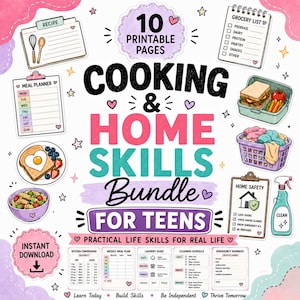 Peut inclure: Un ensemble de 10 pages imprimables intitulé Cooking & Home Skills Bundle for Teens avec des illustrations de fiches recettes, listes de courses, planificateurs de repas, boîtes à lunch, paniers à linge, produits d'entretien et tableaux.