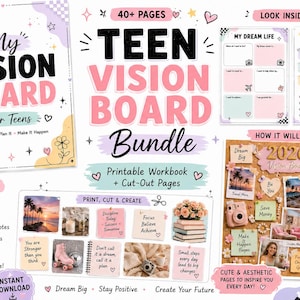 2026-2027 Teen Vision Board Kit, Back-to-School Goal Planner, Printable Quotes and Cutouts