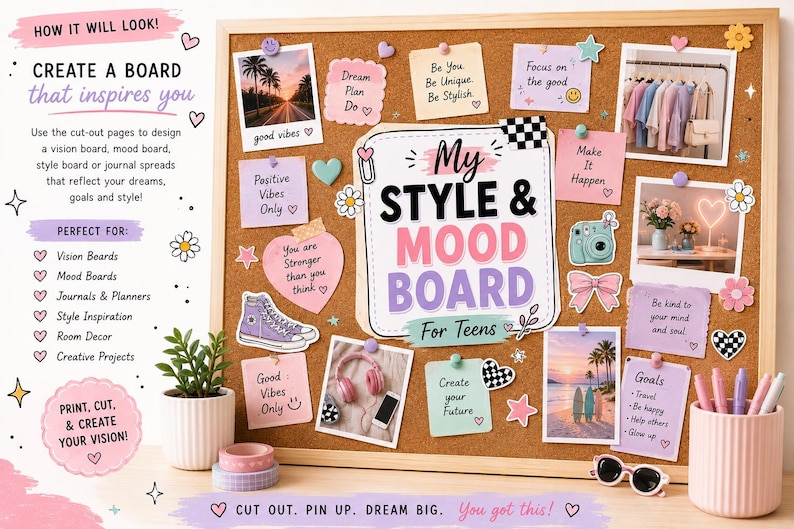 Teen Style Mood Board Journal, Printable Fashion Workbook and Cut Out ...