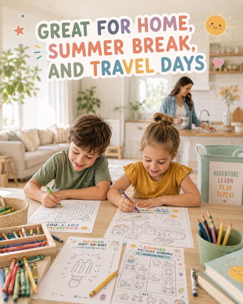 Peut inclure: Une collection de feuilles d'activit&eacute;s comprenant des puzzles de points &agrave; relier, des labyrinthes et des sudokus illustr&eacute;s sur le th&egrave;me de l'&eacute;t&eacute;. Les pages portent les textes "SUMMER DOT-TO-DOT" et "SUMMER PICTURE SUDOKU" avec des crayons.