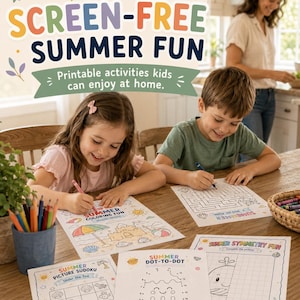 Peut inclure: Une collection de feuilles d'activit&eacute;s imprimables comprenant Summer Coloring Fun, Summer Dot-to-Dot, Summer Picture Sudoku et Summer Symmetry Fun. Les pages incluent des illustrations de ch&acirc;teau de sable, de baleine et d'animaux marins.