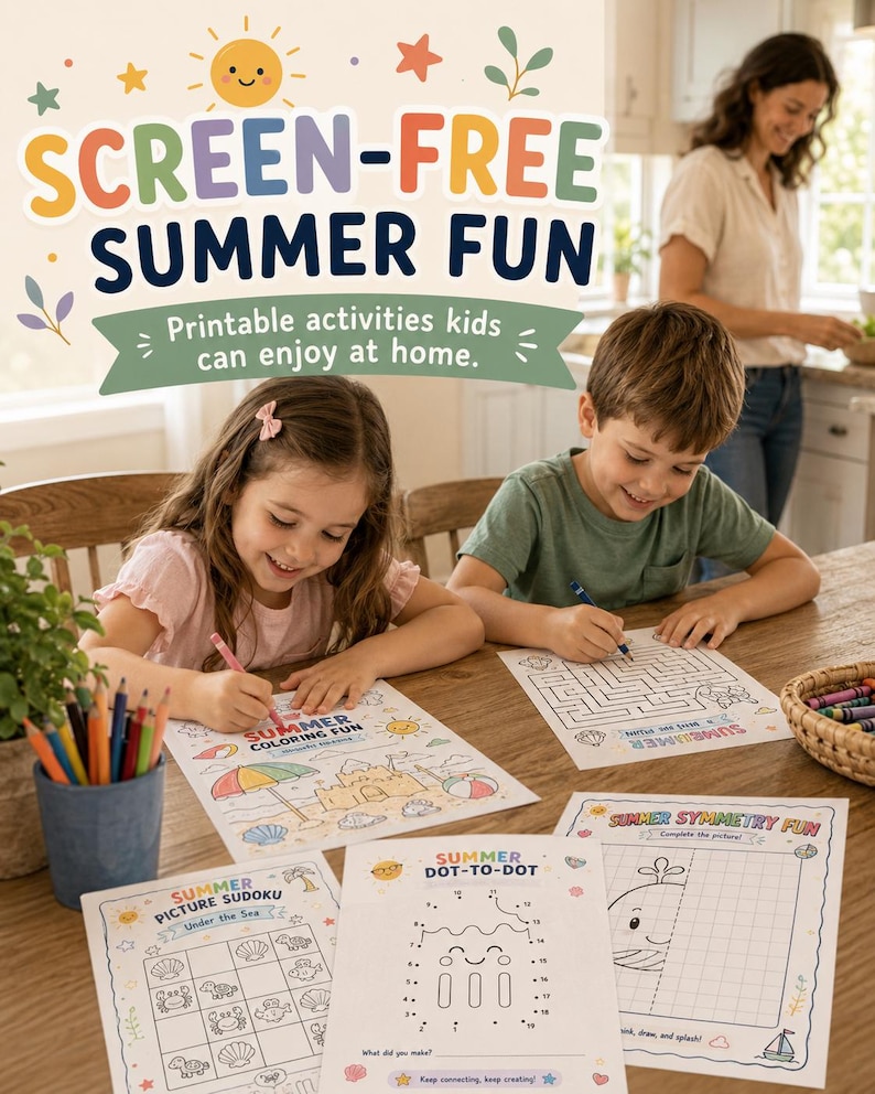Peut inclure: Une collection de feuilles d'activit&eacute;s imprimables comprenant Summer Coloring Fun, Summer Dot-to-Dot, Summer Picture Sudoku et Summer Symmetry Fun. Les pages incluent des illustrations de ch&acirc;teau de sable, de baleine et d'animaux marins.