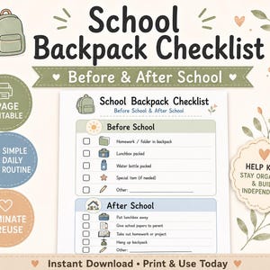 Puede incluir: Una lista de verificación imprimible para mochila escolar con secciones para tareas antes y después de la escuela. El documento incluye iconos para tareas, loncheras y botellas de agua, con textos para organizar rutinas diarias y fomentar autonomía.