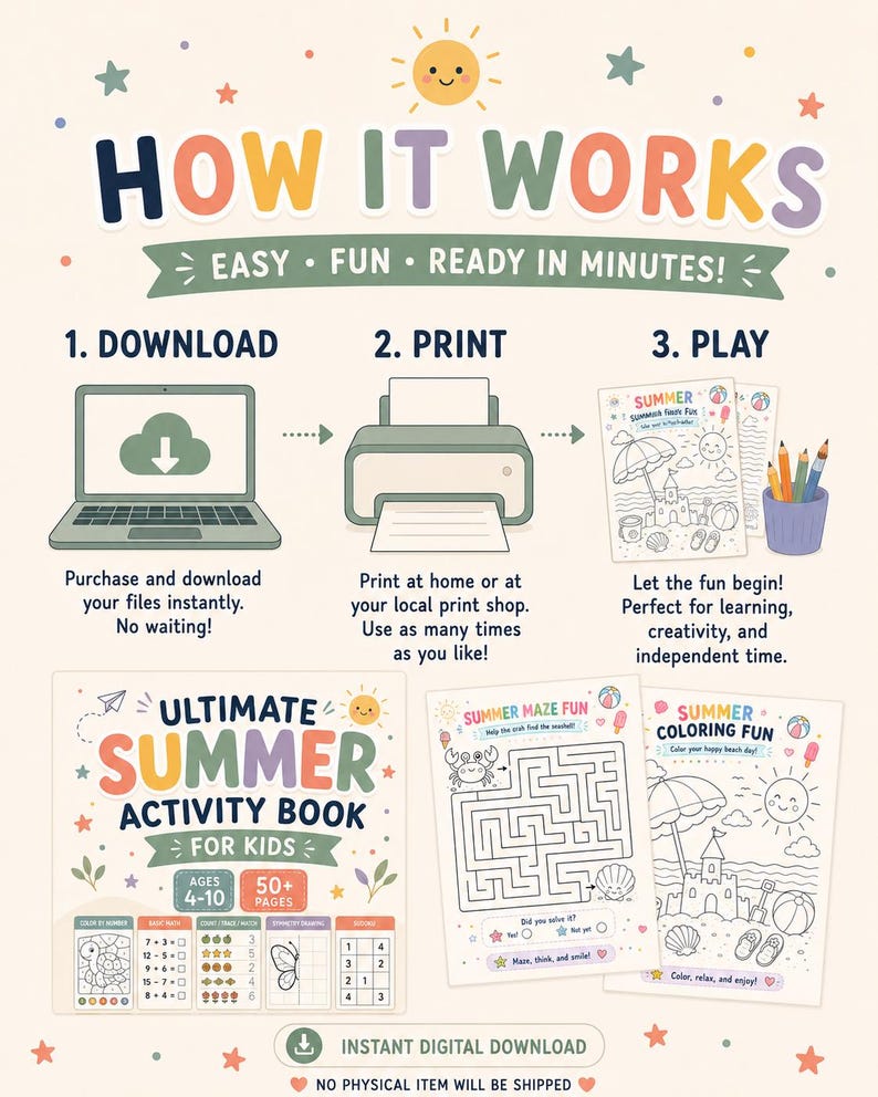 Peut inclure: Un graphique p&eacute;dagogique intitul&eacute; HOW IT WORKS illustrant trois &eacute;tapes : 1. DOWNLOAD avec une ic&ocirc;ne d'ordinateur, 2. PRINT avec une imprimante, et 3. PLAY avec des pages &agrave; colorier. Ci-dessous, une couverture de livre d'activit&eacute;s et deux pages.