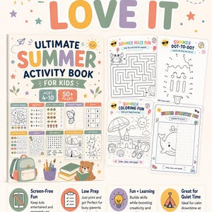 Peut inclure: Un livre d'activit&eacute;s d'&eacute;t&eacute; pour enfants de 50+ pages, avec du texte color&eacute; et des illustrations d'un soleil, d'un sac &agrave; dos et d'un ours. Inclut des exemples de feuilles d'activit&eacute;s comme un labyrinthe, un relier les points et un coloriage.