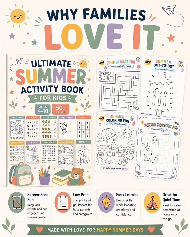Peut inclure: Un livre d'activit&eacute;s d'&eacute;t&eacute; pour enfants de 50+ pages, avec du texte color&eacute; et des illustrations d'un soleil, d'un sac &agrave; dos et d'un ours. Inclut des exemples de feuilles d'activit&eacute;s comme un labyrinthe, un relier les points et un coloriage.