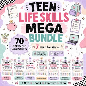 Peut inclure: Un graphique numérique pour un Teen Life Skills Mega Bundle comprenant 70 fiches imprimables et 7 mini-lots. Inclut des illustrations de liste d'objectifs, tirelire, plante, sac à dos, liste de tâches et ordinateur. Texte : Print, Learn, Practice, Grow.