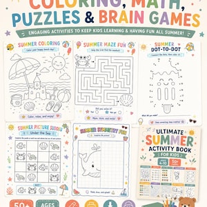 Peut inclure: Un livre d'activit&eacute;s d'&eacute;t&eacute; pour enfants comprenant des coloriages, des probl&egrave;mes de math&eacute;matiques, des puzzles et des jeux de r&eacute;flexion. La couverture pr&eacute;sente diverses feuilles d'activit&eacute;s dont une plage, un labyrinthe, des points &agrave; relier.