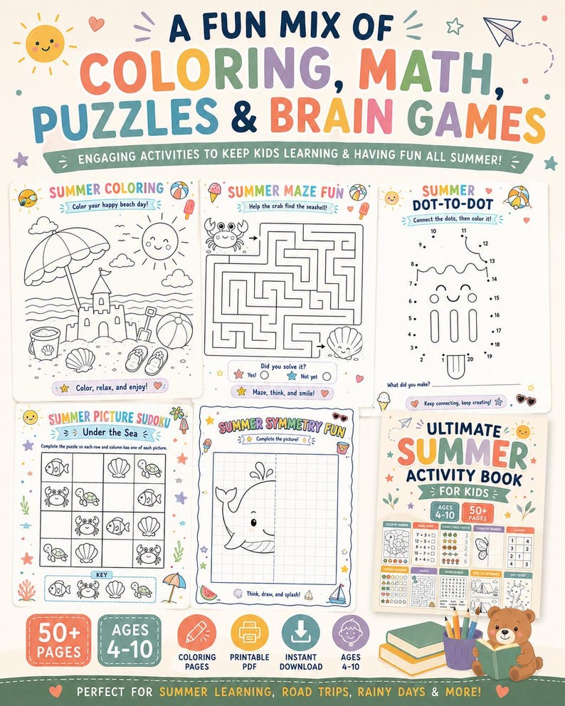 Peut inclure: Un livre d'activit&eacute;s d'&eacute;t&eacute; pour enfants comprenant des coloriages, des probl&egrave;mes de math&eacute;matiques, des puzzles et des jeux de r&eacute;flexion. La couverture pr&eacute;sente diverses feuilles d'activit&eacute;s dont une plage, un labyrinthe, des points &agrave; relier.