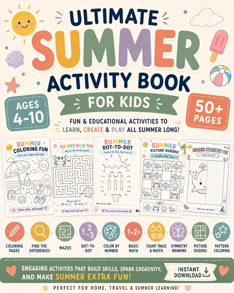 Peut inclure: Un livre d'activit&eacute;s d'&eacute;t&eacute; pour enfants avec un fond cr&egrave;me illustr&eacute; d'un soleil, d'une glace et d'objets de plage. La couverture pr&eacute;sente du texte, la tranche d'&acirc;ge 4-10 ans, 50+ pages et cinq exemples d'activit&eacute;s : coloriage, labyrinthes, points &agrave; relier, sudoku d'images et dessin sym&eacute;trique.