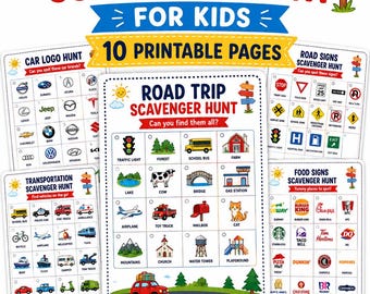 Jeux de road trip pour enfants à imprimer | Chasse au logo de voiture, enseignes de restaurant, nombre de couleurs (téléchargement instantané)