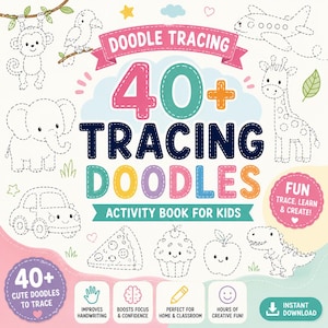 Op de afbeelding: Een doodle-overtrekboek voor kinderen met de tekst 40+ TRACING DOODLES. De omslag toont illustraties in stippellijnen van een aap, papegaai, vliegtuig, olifant, giraf, auto, pizzapunt, cupcake, appel en dinosaurus op een lichte achtergrond.