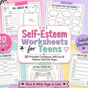May include: A collection of 20 printable self-esteem worksheets for teens featuring black and white pages to colour. The set includes activity sheets titled All About Me, My Positive Self-Talk Bubbles, My Strengths, and I Can Do Hard Things.