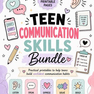 Peut inclure: Un graphique numérique pour un Teen Communication Skills Bundle comprenant 10 pages imprimables. Le design inclut des illustrations de smartphone, carnet, crayon, presse-papiers et bulles avec le texte : Connect Better, Speak Kindly, Grow Strong.