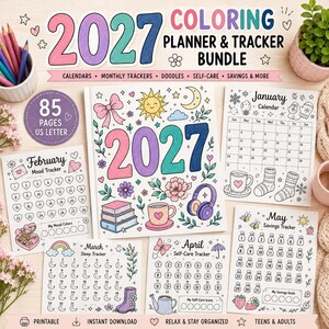 Peut inclure: Un ensemble de planificateur et de suivi de coloriage pour 2027 comprenant 85 pages au format lettre US. Le kit inclut une page de couverture avec des gribouillages colorés, un calendrier de janvier, un suivi d'humeur, de sommeil, de soins et d'épargne.