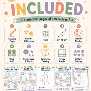Peut inclure: Un ensemble d'activit&eacute;s num&eacute;riques intitul&eacute; WHAT'S INCLUDED comprenant plus de 50 pages imprimables. Il pr&eacute;sente dix cat&eacute;gories num&eacute;rot&eacute;es dont coloriages, labyrinthes, points &agrave; relier et maths. Cinq exemples montrent des th&egrave;mes estivaux et marins.