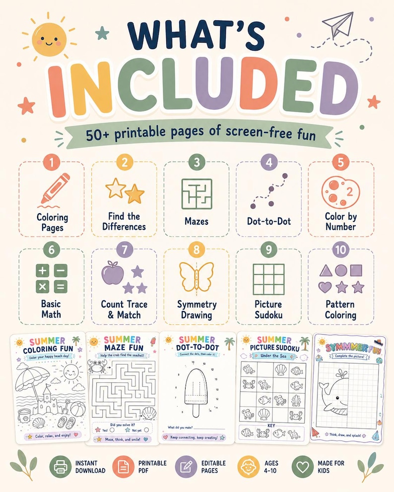 Peut inclure: Un ensemble d'activit&eacute;s num&eacute;riques intitul&eacute; WHAT'S INCLUDED comprenant plus de 50 pages imprimables. Il pr&eacute;sente dix cat&eacute;gories num&eacute;rot&eacute;es dont coloriages, labyrinthes, points &agrave; relier et maths. Cinq exemples montrent des th&egrave;mes estivaux et marins.