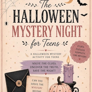 May include: A Halloween Mystery Night for Teens game kit featuring a black envelope with a wax seal, a card asking Can you solve the mystery before midnight?, a light pink pumpkin with black stars, and a lit purple candle on a black stand.