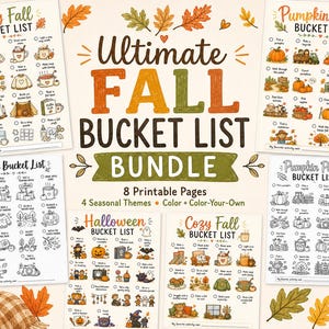 May include: A digital bundle of eight printable autumn bucket list pages featuring seasonal themes in both full-colour and black-and-white line art. The collection includes lists titled Cozy Fall, Pumpkin Patch, and Halloween with illustrated icons.