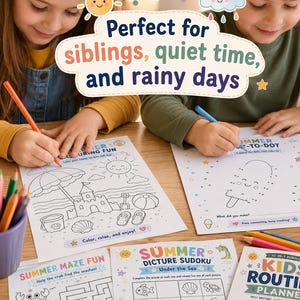 Peut inclure: Une collection de feuilles d'activit&eacute;s imprimables comprenant des coloriages sur le th&egrave;me de l'&eacute;t&eacute;, des jeux de points &agrave; relier, des labyrinthes, des sudokus illustr&eacute;s et un planificateur de routine pour enfants.