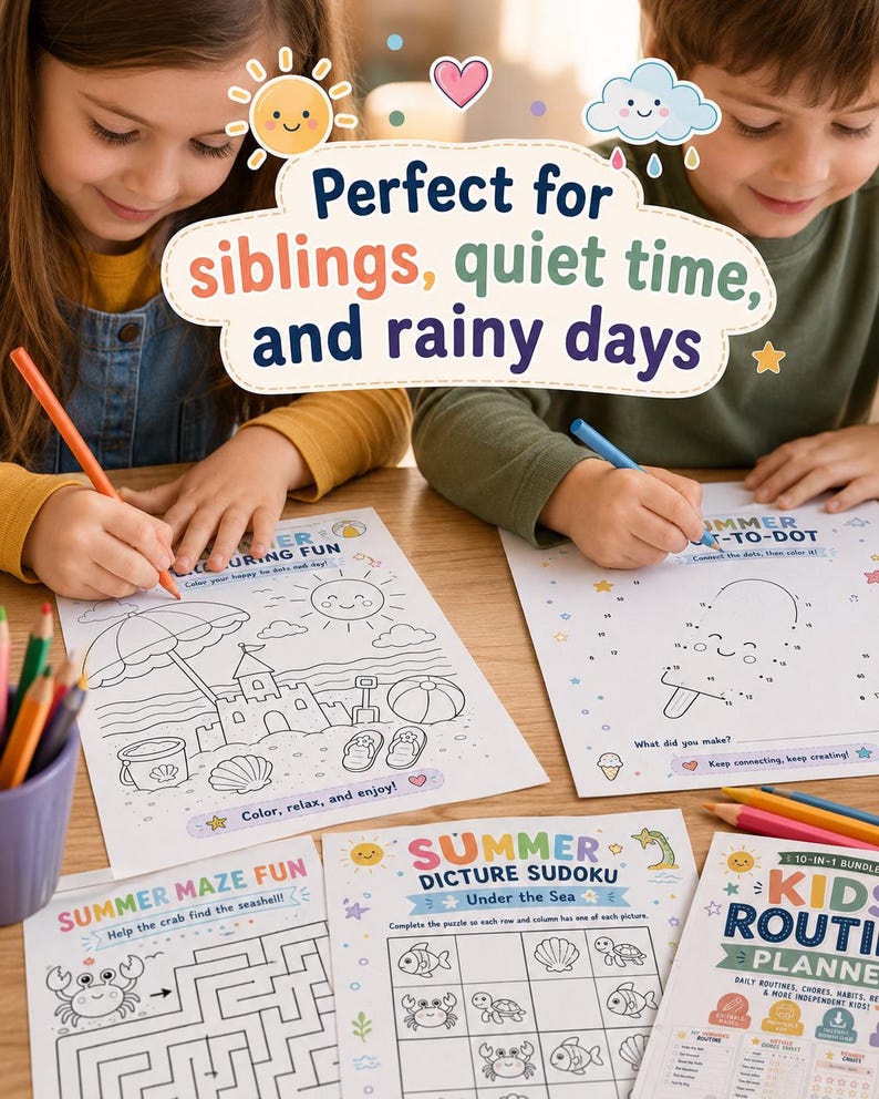 Peut inclure: Une collection de feuilles d'activit&eacute;s imprimables comprenant des coloriages sur le th&egrave;me de l'&eacute;t&eacute;, des jeux de points &agrave; relier, des labyrinthes, des sudokus illustr&eacute;s et un planificateur de routine pour enfants.