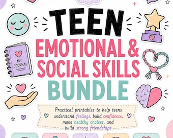 May include: A digital bundle of 10 printable pages titled Teen Emotional & Social Skills Bundle. The design features pastel-colored illustrations including hearts, a journal, a trophy, and icons for emotions, coping skills, problem solving, and friendships.