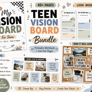 Puede incluir: Un paquete de tablero de visión para adolescentes imprimible que incluye un libro de trabajo de más de 40 páginas con recortes, plantillas de objetivos y citas. Diseño en negro, blanco, azul y beige con el texto My Vision Board.