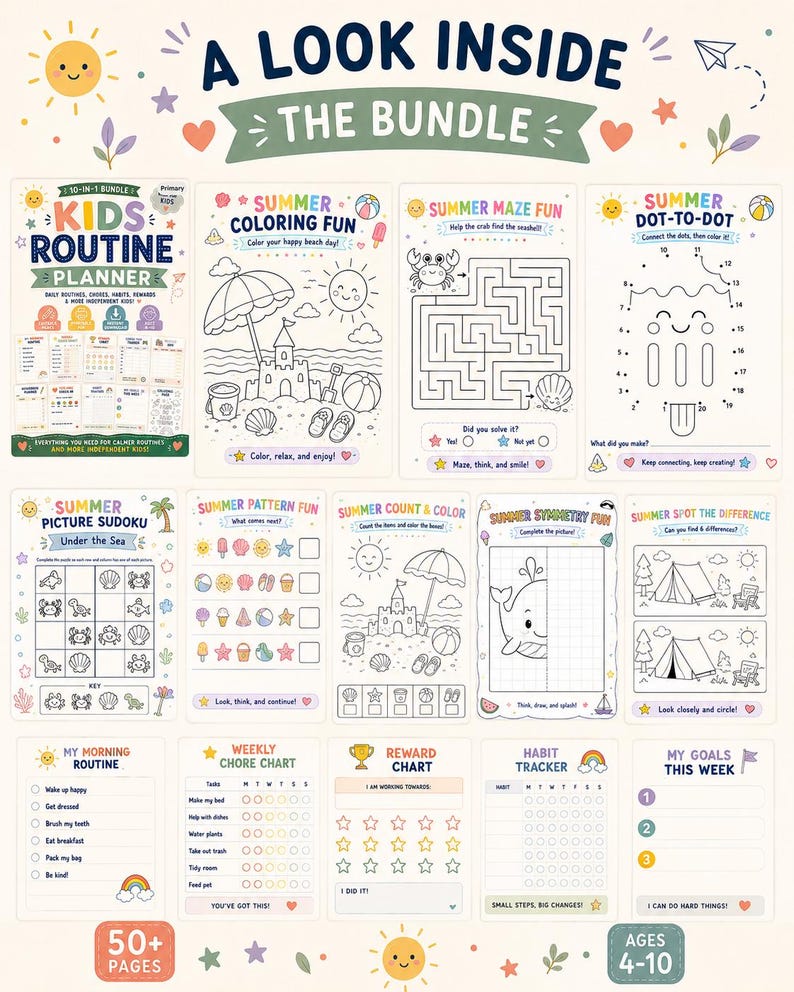 Peut inclure: Un ensemble de planification de routine pour enfants 10-en-1 comprenant plus de 50 pages d'activit&eacute;s sur le th&egrave;me de l'&eacute;t&eacute;. Inclut des coloriages, labyrinthes, points &agrave; relier, sudokus, jeux de motifs, sym&eacute;tries, jeux des diff&eacute;rences et suivis.