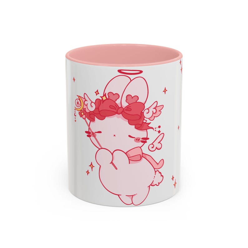Kawaii Angel Bunny Accent Coffee Mug | Pink Interior 11oz 15oz image 1