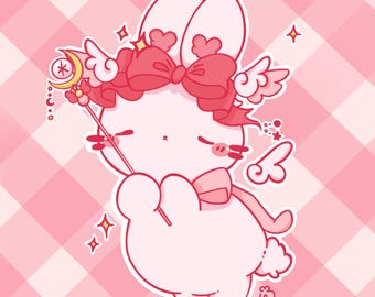 Sticker lapin ange rose | Sticker personnage fantaisiste, finition satinée, vinyle résistant aux intempéries