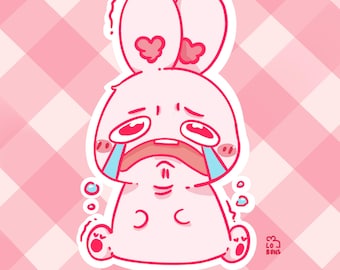 Sticker lapin rose | Décalcomanie en vinyle kawaii, personnage triste (ordinateur portable, bouteille d'eau)