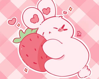 fraise étreignant de lapin de Zazzle.be Liste d'envies Vous avez des idées ? Décalcomanie en vinyle kawaii (Kiss-Cut)
