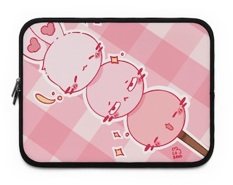Housse pour ordinateur portable rose Kawaii Dango Trio | Illustration de collation pastel, sac en néoprène résistant à l'eau