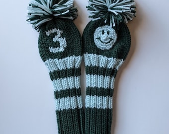 Set of 2, Made-to-Order! Hand Knitted Golf Club Covers Custom Head Covers, (Personalized w/ Your Choice Numbers/Letters/Smiley) Best Seller