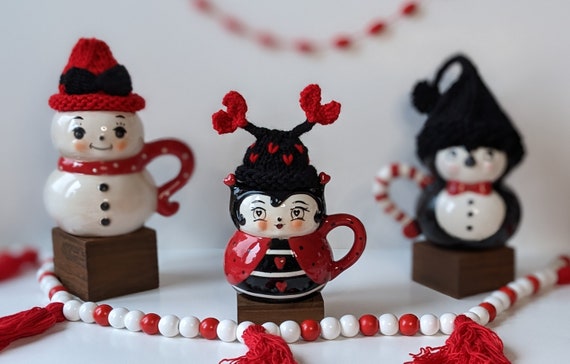 Johanna Parker Inspired Lady Bug Holiday Decor Winter Mantle Red Black Heart Valentine's Day Mug Topper  Love Bug Tiered Tray Accessories