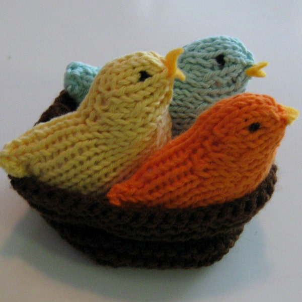 Knitted Tropical-Colored Birds in a Nest (Yellow, Orange, and Light Blue)