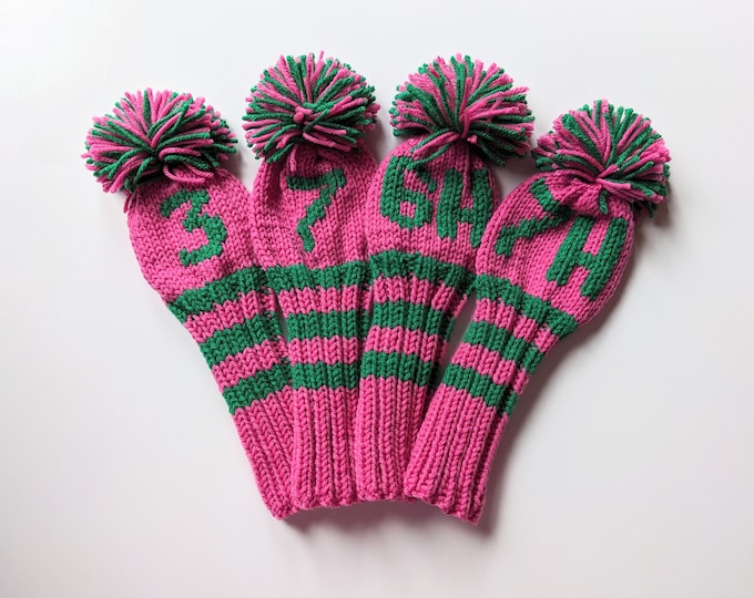 Set of 4, Any Size, Choose your Colors! Custom Hand Knitted Golf Club Head Covers, (Personalized w/ Numbers/Letters) Driver Hybrid Wood Gift