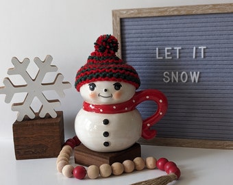 Johanna Parker Inspired Mug Hat Holiday Shelf Decor Mantle Red Green Mug Topper Snowman Penguin Tiered Tray Seasonal Accessories