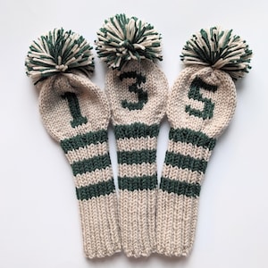 Set of 3, Any Size, Choose your Colors! Custom Hand Knitted Golf Club Head Covers, (Personalized w/ Numbers/Letters) Driver Hybrid Wood Gift