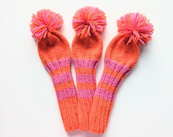Set of 3, Any Size, Choose your Colors! Custom Hand Knitted Golf Club Head Covers, (Personalized w/ Numbers/Letters) Driver Hybrid Wood Gift